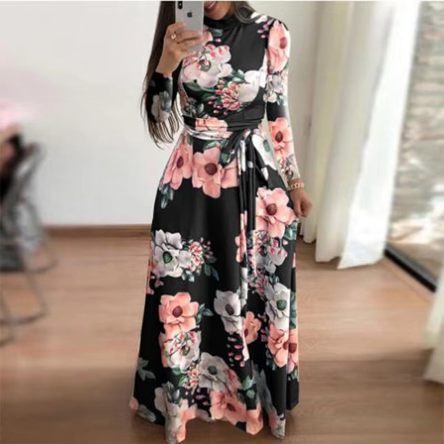 Autumn Winter Printed Long Dress for Women with Waist Tie Casual Fit