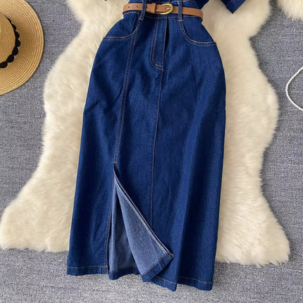 Women’s Polo Collar Denim Maxi Dress with Waist Split Summer Style