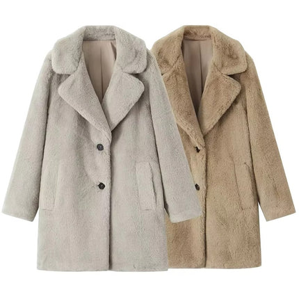 Women’s Faux Fur Coat Warm Lapel Jacket Soft Chic Winter Outerwear Long
