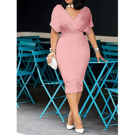 Elegant Solid Color V Neck Half Sleeve Dress with Back Zipper & Bead Detail