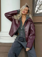 Vintage PU Leather Zipper Jacket for Women Retro Long Sleeve Coat
