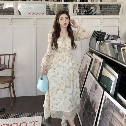 Summer Chiffon Square Neck Midi Dress Plus Size Flowy Waist Slim Fit