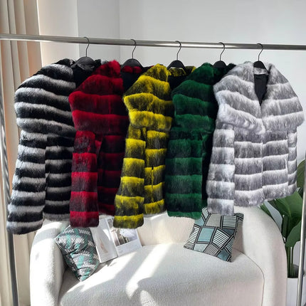 Women’s Chinchilla Fur Coat Thick Warm Rex Rabbit Fur with Big Collar