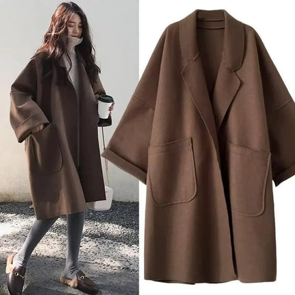 Women’s Elegant Wool Trench Coat Winter Vintage Long Windbreaker Jacket