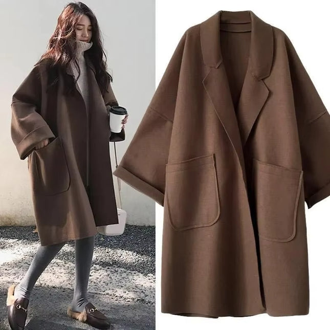 Women’s Elegant Wool Trench Coat Winter Vintage Long Windbreaker Jacket