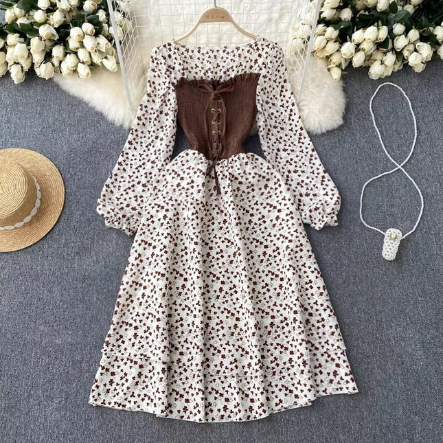 High Waist Floral Long Sleeve Dress for Women Elegant Autumn Style