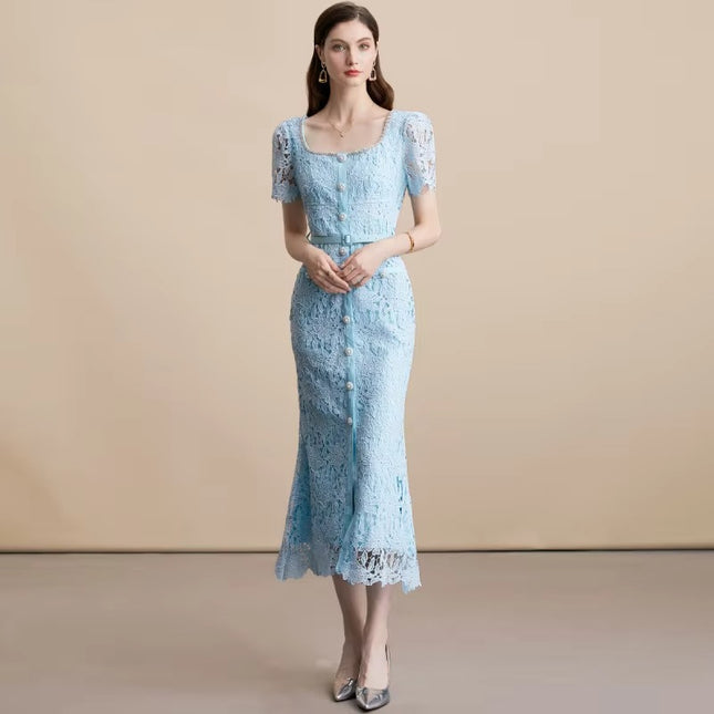 Chic Square Neck Lace Fishtail Evening Party Dress Women