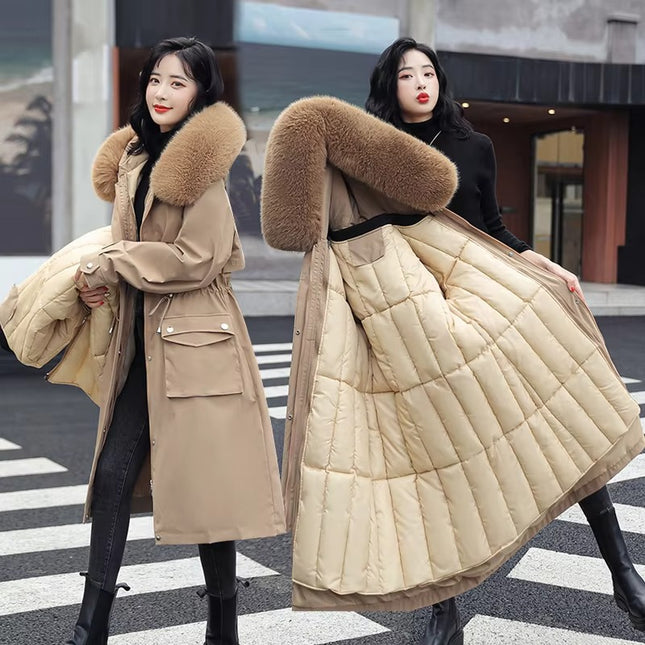 Women Winter Padded Quilted Coat with Fur Collar Hooded Mid Long Jacket