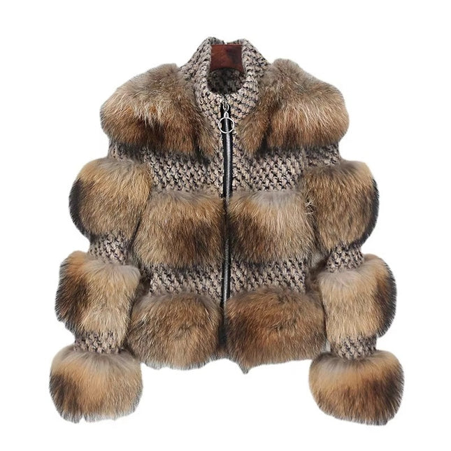 Women’s Genuine Raccoon Fur Jacket | Striped Winter Fur Coat