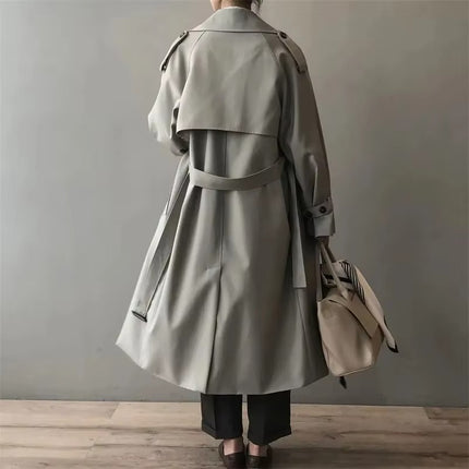 Khaki Long Trench Coat for Women Oversized Belted Double Breasted