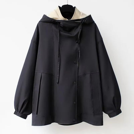 Women’s Hooded Trench Cargo Coat Mid-Length Loose Zipper Korean Style
