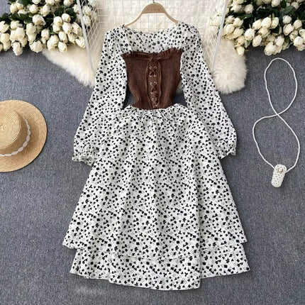 High Waist Floral Long Sleeve Dress for Women Elegant Autumn Style