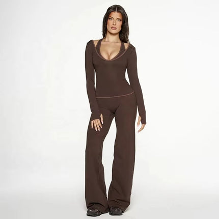 Women’s Autumn Three Piece Set Color Block Long Sleeve Slim Fit Outfit