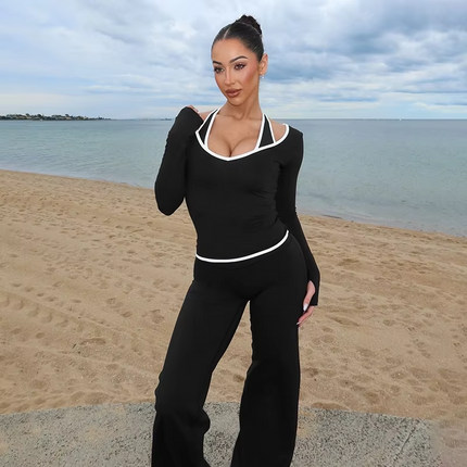 Women’s Autumn Three Piece Set Color Block Long Sleeve Slim Fit Outfit