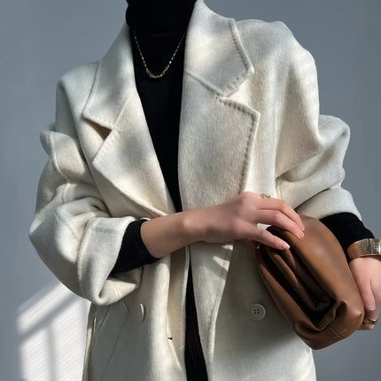 Women's Plus Size Long Wool Coat Lace-Up Loose Fit Autumn Winter