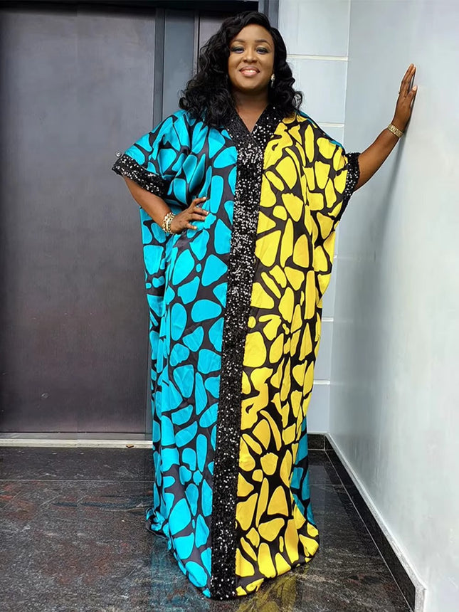 Traditional African Kaftan Dress for Women Satin Beaded Loose Plus Size