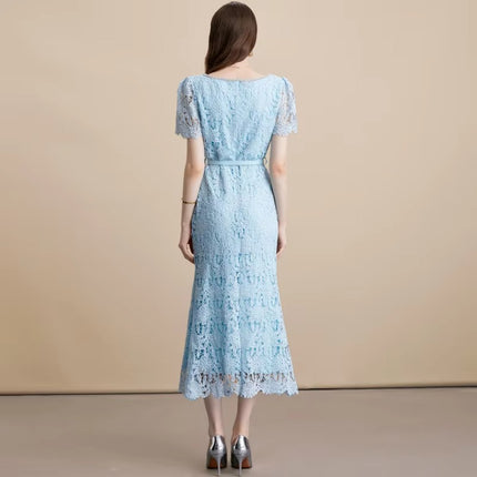 Chic Square Neck Lace Fishtail Evening Party Dress Women