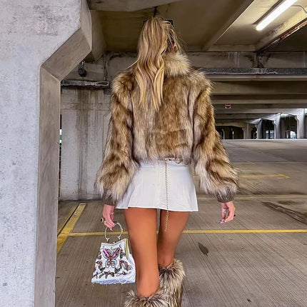 Women’s Faux Fur Jacket Autumn Winter Long Sleeve Plush Lapel Zip Coat