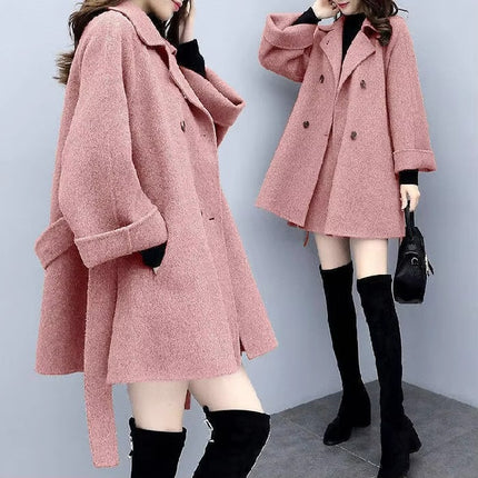 Autumn Winter Women Long Wool Coat Lapel Button A-Line Midi Warm Jacket
