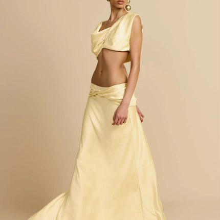Chic Satin Crop Top & Pleated Maxi Skirt Set – Elegant 2 Piece