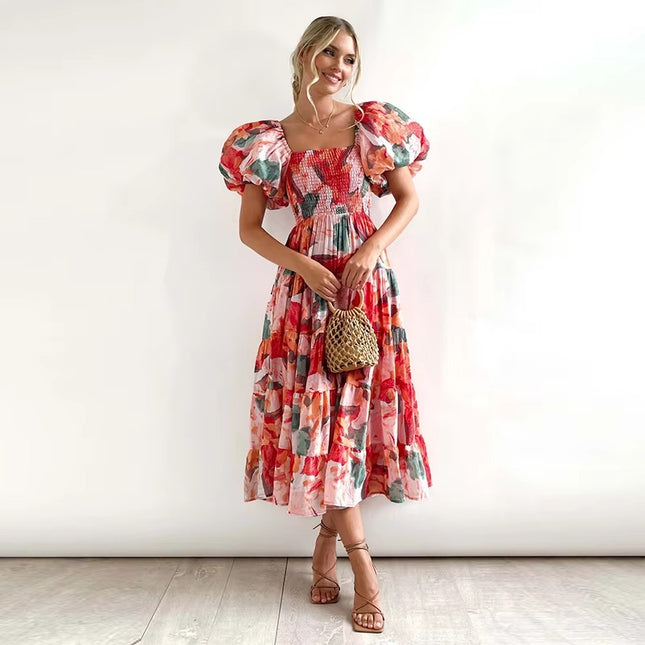 Women’s Slim Fit Backless Printed Summer Dress with One Line Collar