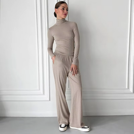 Women’s Autumn Winter Two Piece Set High Neck Top & Straight Pants