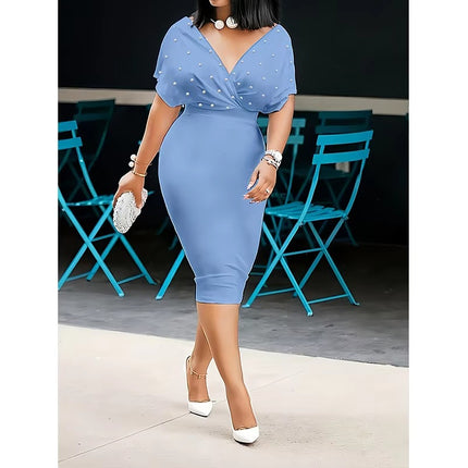 Elegant Solid Color V Neck Half Sleeve Dress with Back Zipper & Bead Detail