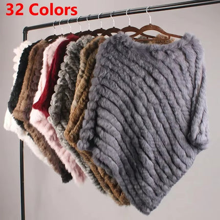 Real Rabbit Fur Knitted Poncho Vest Shawl Cape for Women