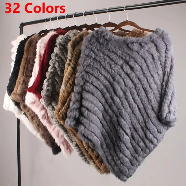 Real Rabbit Fur Knitted Poncho Vest Shawl Cape for Women
