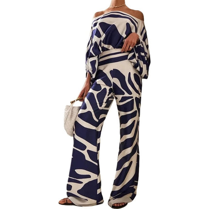 Elegant Women’s Printed One-Piece Collar Suit Long Sleeve Casual Set