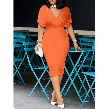 Elegant Solid Color V Neck Half Sleeve Dress with Back Zipper & Bead Detail