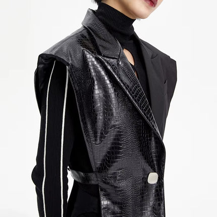 Women’s V Neck Sleeveless Leather Waistcoat Casual Spliced Hollow Vest