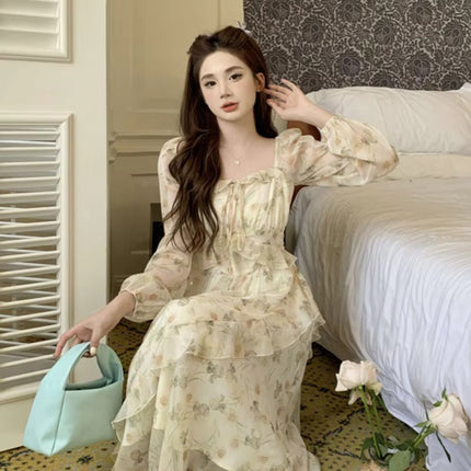 Summer Chiffon Square Neck Midi Dress Plus Size Flowy Waist Slim Fit