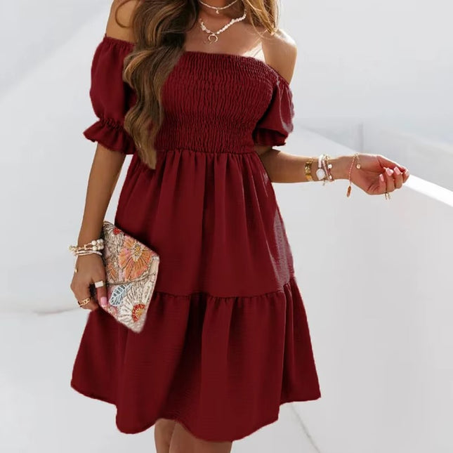Women’s Summer Strapless Lantern Sleeve Loose Casual Solid Color Dress