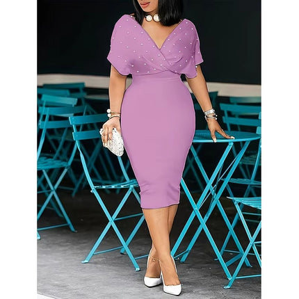 Elegant Solid Color V Neck Half Sleeve Dress with Back Zipper & Bead Detail