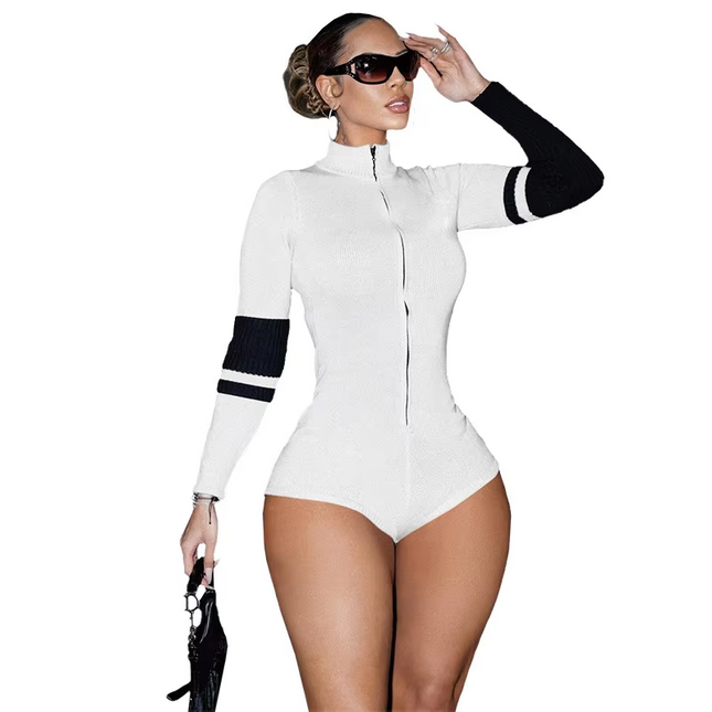 Women’s Zip-Up High Neck Knit Jumpsuit Bodycon Motorcycle Style