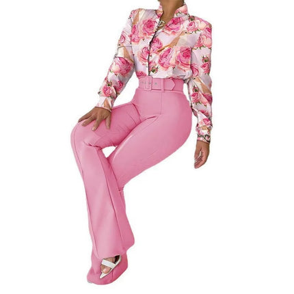 Spring 2 Piece Women’s Shirt and Wide Leg Pants Set Elegant Fit