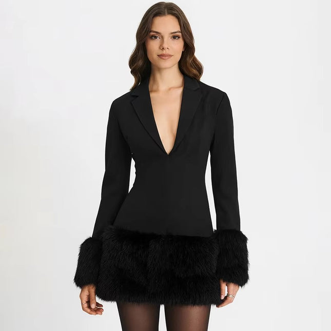 Women's Autumn Black V-Neck Fur Hem Embroidered Sleeve Suit Skirt Trendy Set