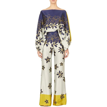 Elegant Women’s Printed One-Piece Collar Suit Long Sleeve Casual Set
