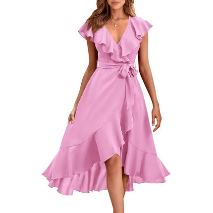 Women’s Summer V-Neck Lace-Up Midi Dress with Short Sleeves