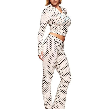 2025 Women’s Dot Print Two-Piece Long Sleeve Open Collar Casual Outfit