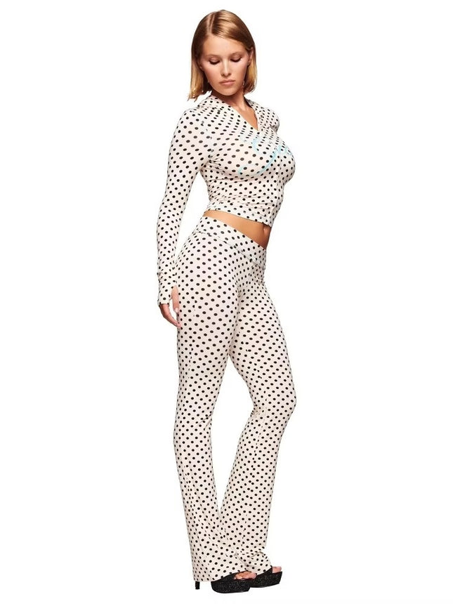 2025 Women’s Dot Print Two-Piece Long Sleeve Open Collar Casual Outfit