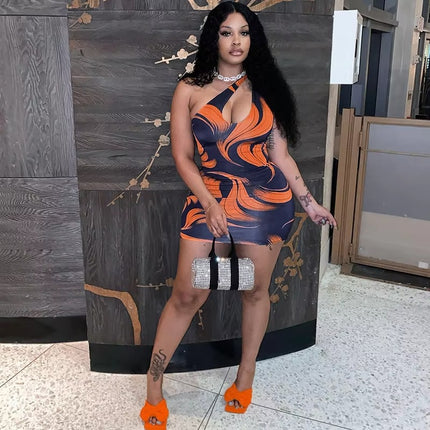 Summer Slant Neck Sleeveless Mini Dress with Sexy Hollow Print Fit