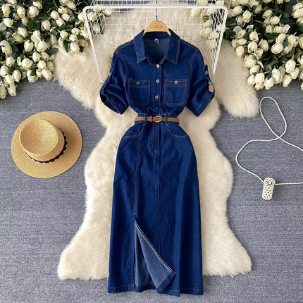 Women’s Polo Collar Denim Maxi Dress with Waist Split Summer Style