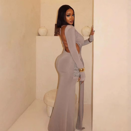Elegant European American Women's Long Sleeve Slim Backless Floor-Length Dress