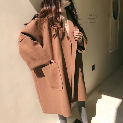 Women’s Elegant Wool Trench Coat Winter Vintage Long Windbreaker Jacket