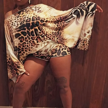 Women's Gradient Leopard Off Shoulder Flared Sleeve Fitness Jumpsuit