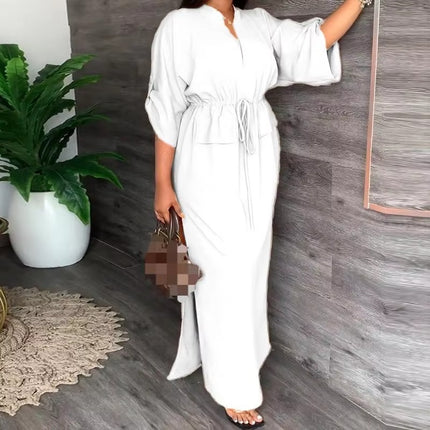 Women’s Summer V Neck Lace Up Slit Dress Elegant European Style