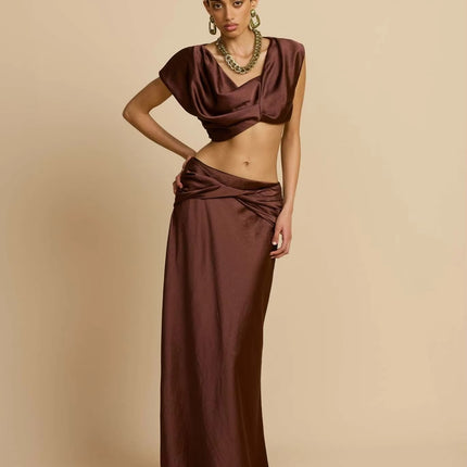 Chic Satin Crop Top & Pleated Maxi Skirt Set – Elegant 2 Piece