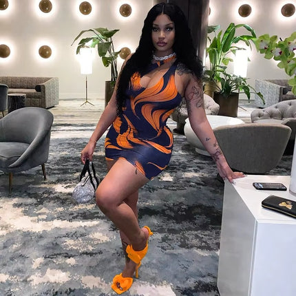 Summer Slant Neck Sleeveless Mini Dress with Sexy Hollow Print Fit